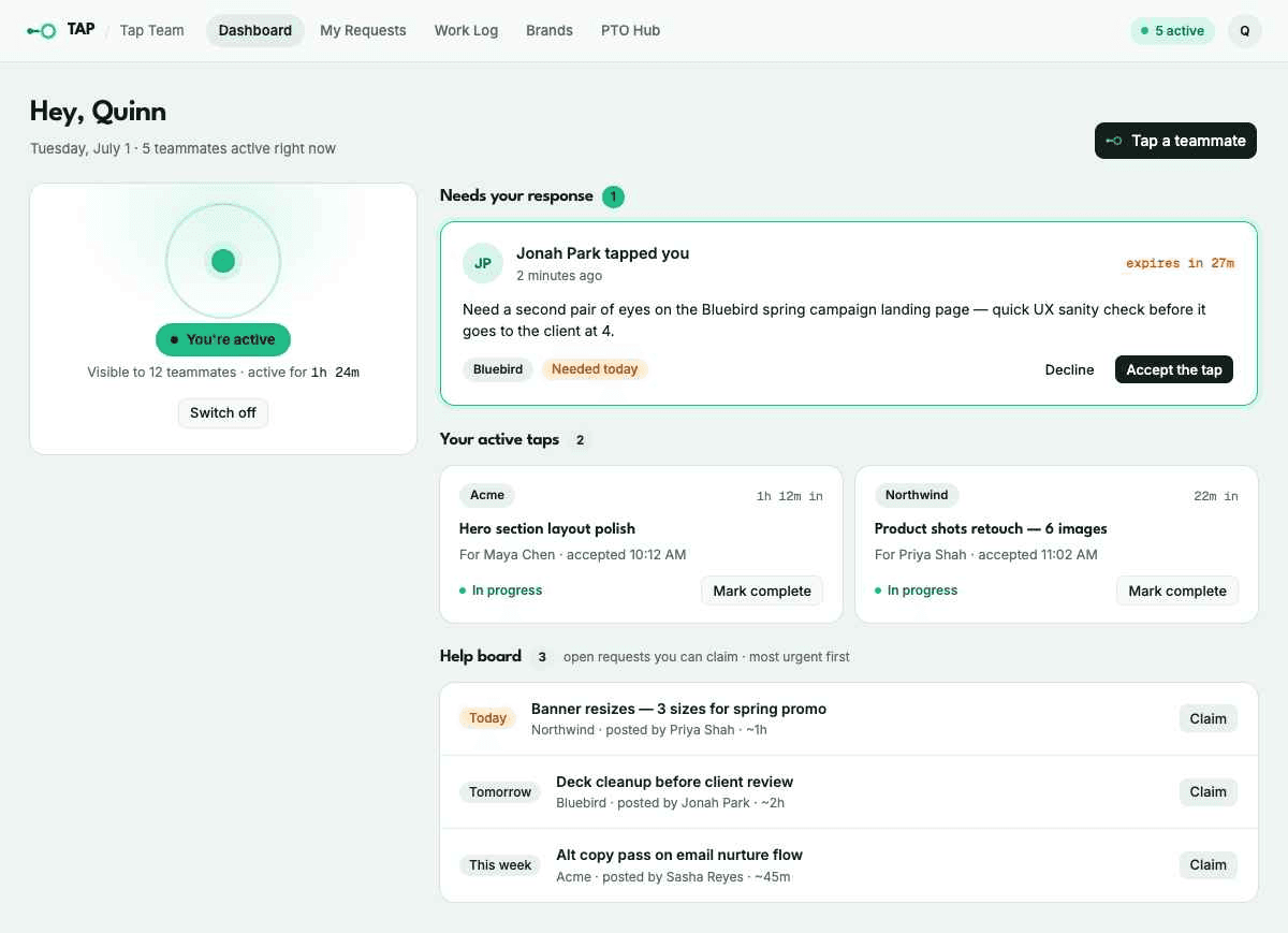 The Tap dashboard — your availability, a teammate's tap awaiting your response, active taps, and the help board.